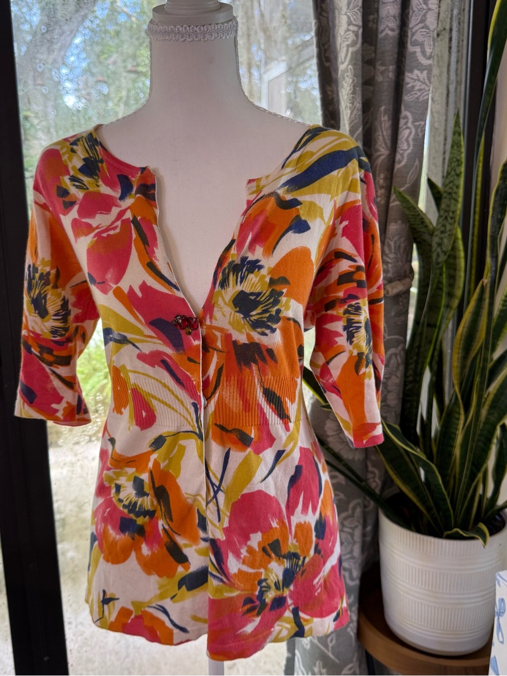 Charlotte Tarantola Floral Cotton Cardigan Size M Rhinestone 3/4 Sleeve Y2K